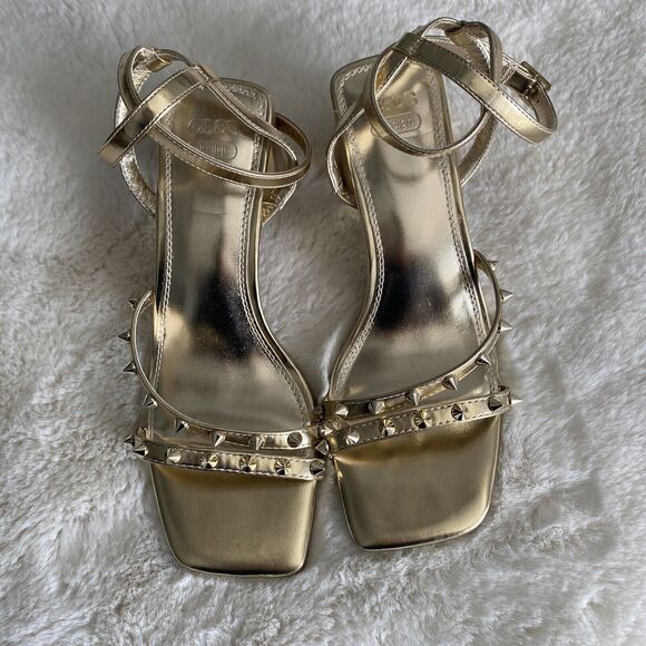 New Asos Hampstead Women's 8 Gold Studded Sexy Strappy Mid Block Heel Sandals - Picture 3 of 8